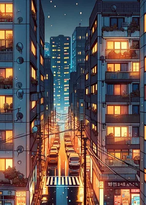 Mi Irresistible Vecino manhwa BL – vista de apartamentos en Seúl de noche